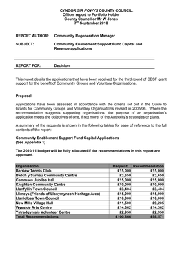 CYNGOR SIR POWYS COUNTY COUNCIL. Officer Report to Portfolio Holder County Councillor Mr W Jones 7Th September 2010