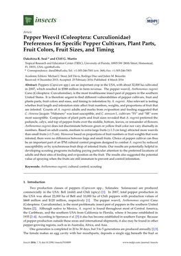 Pepper Weevil (Coleoptera: Curculionidae) Preferences for Speciﬁc Pepper Cultivars, Plant Parts, Fruit Colors, Fruit Sizes, and Timing
