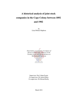 A Historical Analysis of Joint Stock Companies in the Cape Colony Between 1892 and 1902