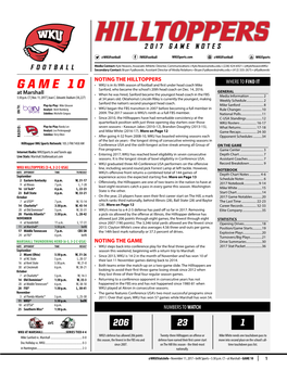 GAME 10 • WKU Is in Its 99Th Season of Football and First Under Head Coach Mike Sanford, Who Became the School’S 20Th Head Coach on Dec