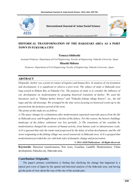 Historical Transformation of the Hakozaki Area As a Port Town in Fukuoka City
