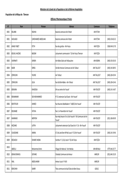 Anté Et De La Population De La Wilaya De : Tlemcen Ministère De La Santé