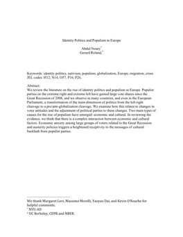 Identity Politics and Populism in Europe Abdul Noury* Gerard