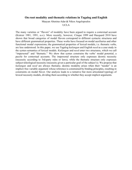 On Root Modality and Thematic Relations in Tagalog and English Maayan Abenina­Adar & Nikos Angelopoulos UCLA