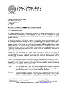 Letter from Canadian Zinc Corporation to the Prime Minister of Canada, Re