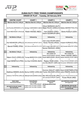 DUBAI DUTY FREE TENNIS CHAMPIONSHIPS ORDER of PLAY - Tuesday, 26 February 2019