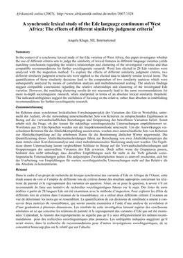 A Synchronic Lexical Study of the Ede Language Continuum of West Africa: the Effects of Different Similarity Judgment Criteria1