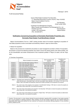 Notification Concerning Acquisition of Domestic Real Estate Properties and Domestic Real Estate Trust Beneficiary Interest