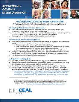 ADDRESSING COVID-19 MISINFORMATION a Tip Sheet for Health Professionals Working with Community Members