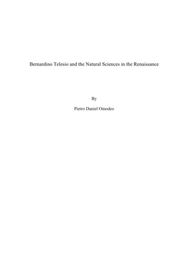 Bernardino Telesio and the Natural Sciences in the Renaissance