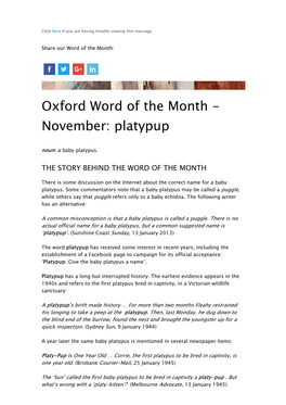 Oxford Word of the Month - November: Platypup Noun: a Baby Platypus