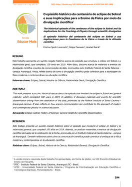 O Episódio Histórico Do Centenário Do Eclipse De Sobral E Suas Implicações Para O Ensino De Física Por Meio Da Divulgação Científica1