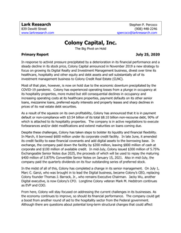 Colony Capital, Inc. the Big Pivot on Hold Primary Report July 25, 2020