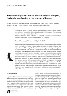 Stopover Strategies of Eurasian Blackcaps (Sylvia Atricapilla) During the Post-Fledging Period in Western Hungary