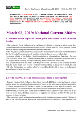 Day by Day Current Affairs (March 02, 2019) | Mcqs for CSS, PMS