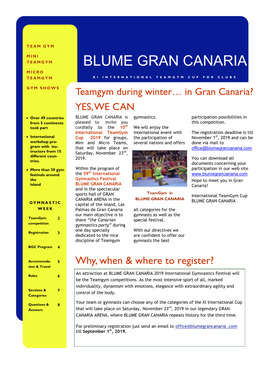 BLUME GRAN CANARIA M I C R O TEAMGYM XI INTERNATIONAL TEAMGYM CUP for CLUBS G Y M S H O W S Teamgym During Winter… in Gran Canaria?