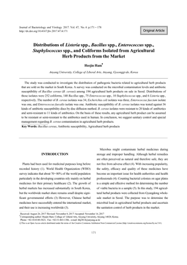 Distributions of Listeria Spp., Bacillus Spp., Enterococcus Spp., Staphylococcus Spp., and Coliforms Isolated from Agricultural Herb Products from the Market