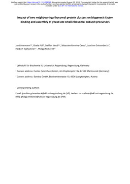 Impact of Two Neighbouring Ribosomal Protein Clusters on Biogenesis Factor Binding and Assembly of Yeast Late Small Ribosomal Subunit Precursors