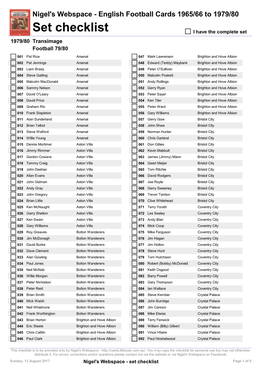 Set Checklist I Have the Complete Set 1979/80 Transimage Football 79/80