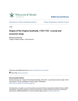 Origins of the Virginia Southside, 1703-1753 : a Social and Economic Study