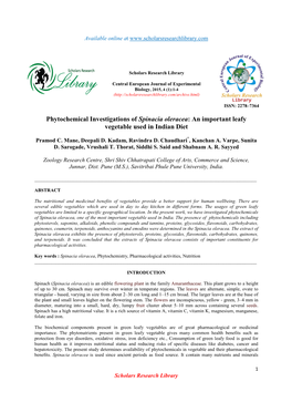 Phytochemical Investigations of Spinacia Oleracea : an Important Leafy Vegetable Used in Indian Diet