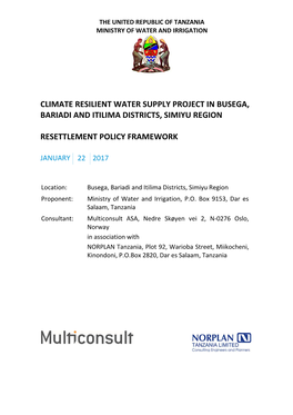 Climate Resilient Water Supply Project in Busega, Bariadi and Itilima Districts, Simiyu Region