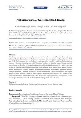 Molluscan Fauna of Gueishan Island, Taiwan 1 Doi: 10.3897/Zookeys.261.4197 Data Paper Launched to Accelerate Biodiversity Research