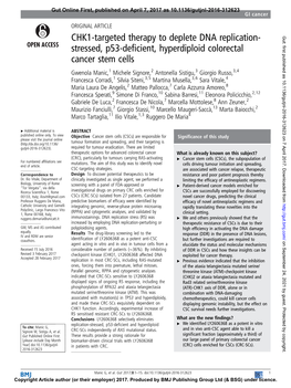 CHK1-Targeted Therapy to Deplete DNA Replication-Stressed, P53