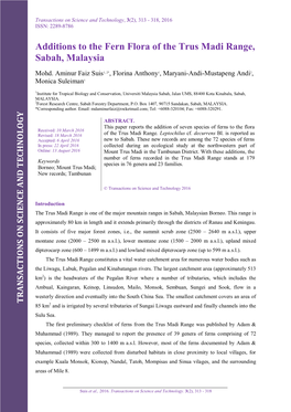 Additions to the Fern Flora of the Trus Madi Range, Sabah, Malaysia