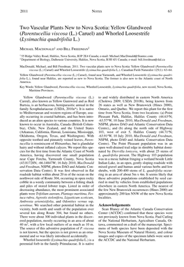 Two Vascular Plants New to Nova Scotia: Yellow Glandweed (Parentucellia Viscosa (L.) Caruel) and Whorled Loosestrife (Lysimachia Quadrifolia L.)