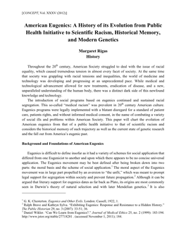 American Eugenics: a History of Its Evolution from Public Health Initiative to Scientific Racism, Historical Memory, and Modern Genetics