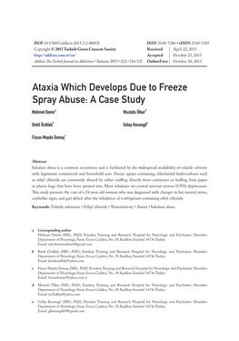 Ataxia Which Develops Due to Freeze Spray Abuse: a Case Study Mehmet Demira Mustafa Ülkerd