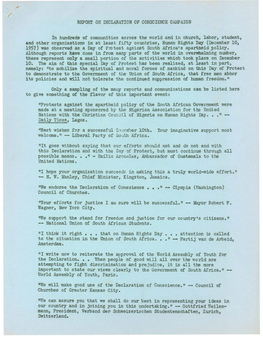 REPORT on DECLARATION of CONSCIENCE CAMPAIGN in Hundreds of Communities Across the World and in Church, Labor, Student, and Othe