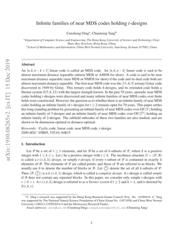 Infinite Families of Near MDS Codes Holding $ T $-Designs