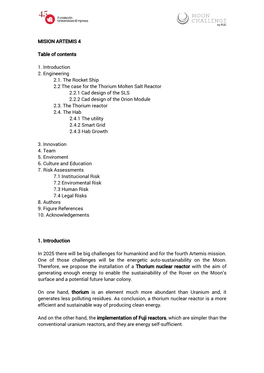 MISION ARTEMIS 4 Table of Contents 1. Introduction 2. Engineering 2.1