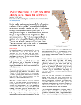 Twitter Reactions to Hurricane Irma: Mining Social Media for Inferences Jasmine E