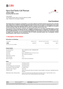 Open End Turbo Call Warrant Linked to SMI® Issued by UBS AG, Zurich