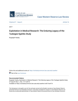 Exploitation in Medical Research: the Enduring Legacy of the Tuskegee Syphilis Study