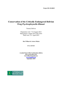 Conservation of the Critically Endangered Bolivian Frog Psychrophrynella Illimani