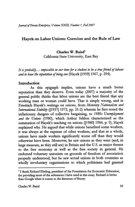 Hayek on Labor Unions: Coercion and the Rule of Law
