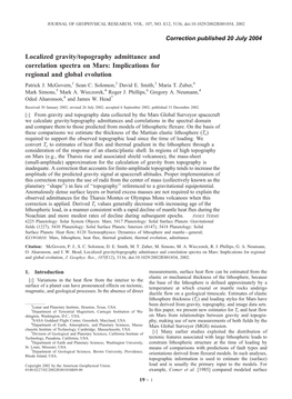 Localized Gravity/Topography Admittance and Correlation Spectra on Mars: Implications for Regional and Global Evolution Patrick J