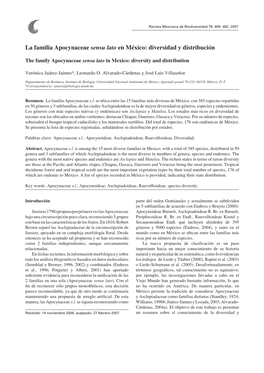 La Familia Apocynaceae Sensu Lato En México: Diversidad Y Distribución