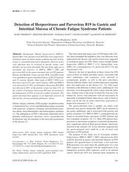 Detection of Herpesviruses and Parvovirus B19 in Gastric and Intestinal Mucosa of Chronic Fatigue Syndrome Patients