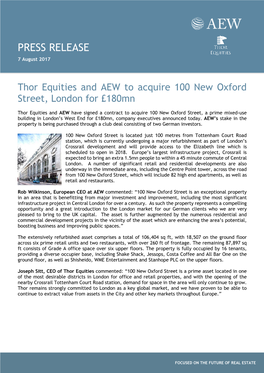 Thor Equities and AEW to Acquire 100 New Oxford Street, London for £180Mn