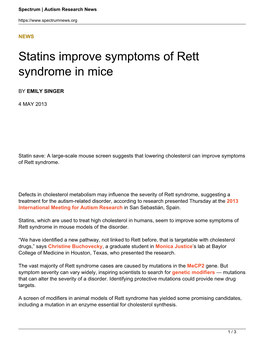 Statins Improve Symptoms of Rett Syndrome in Mice