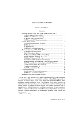 HYPERARITHMETICAL SETS Contents 1. Preamble: Kleene [1943]