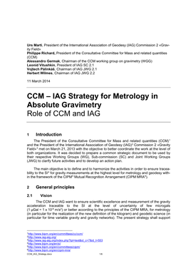 IAG Strategy for Metrology in Absolute Gravimetry Role of CCM and IAG