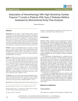 Association of Hemorheology with High-Sensitivity Cardiac Troponin T Levels in Patients with Type 2 Diabetes Mellitus Assessed by Microchannel Array Flow Analyzer