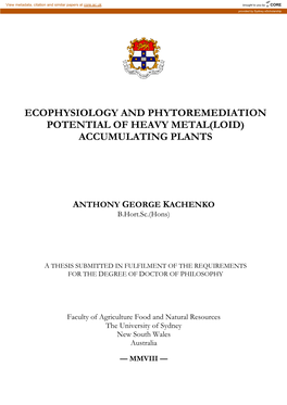 Ecophysiology and Phytoremediation Potential of Heavy Metal(Loid) Accumulating Plants