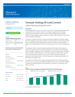 Temasek Holdings (Private) Limited 25 September 2019 Update Following Ratings Affirmation